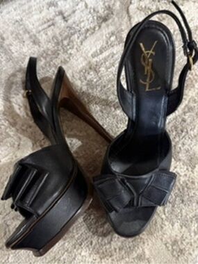 Yves Saint Laurent Black Leather Bow Slingback Platform Heels